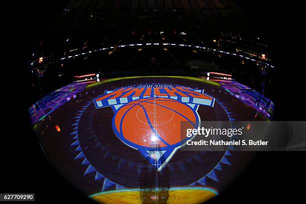 General view of the New York Knicks logo before a game against the Sacramento Kings on December 4, 2016 at Madison Square Garden in New York City,...