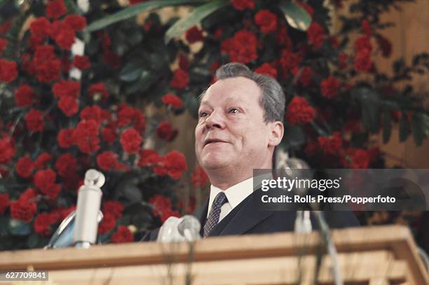 German politician, Minister for Foreign Affairs and Vice Chancellor of the Federal Republic of Germany, Willy Brandt speaks from the platform at the...