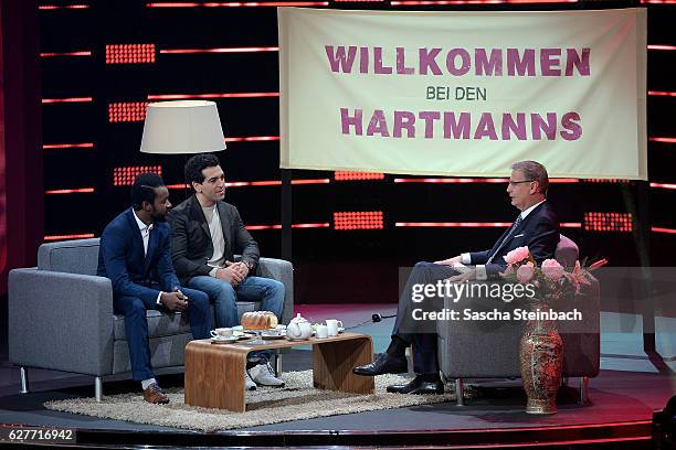 Presenter Guenther Jauch talks to Eric Kabongo and Elyas M'Barek attends the television show 2016! Menschen, Bilder, Emotionen - RTL Jahresrueckblick...