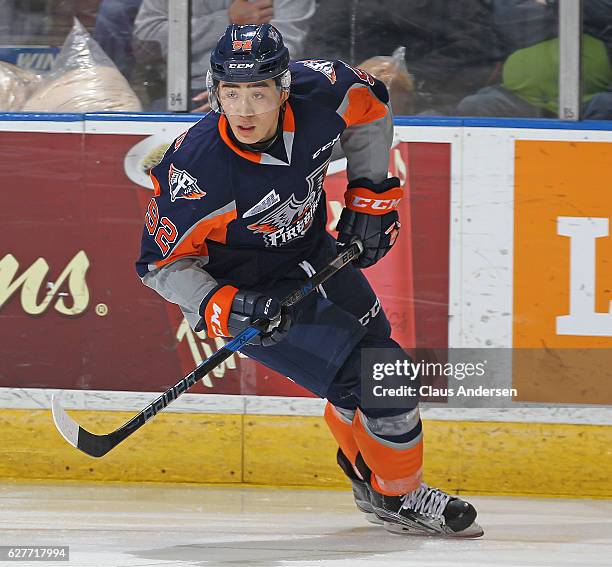 Kole Sherwood of the Flint Firebirds skates against the London Knights during an OHL game at Budweiser Gardens on December 4, 2016 in London,...