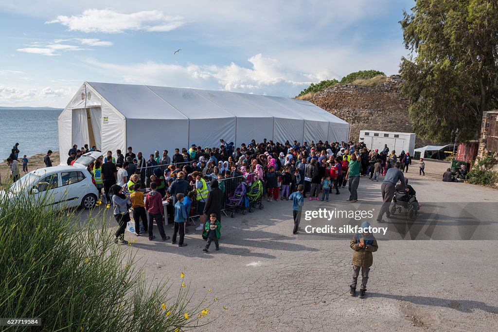 Breakfast line in Souda refugee camp on Chios