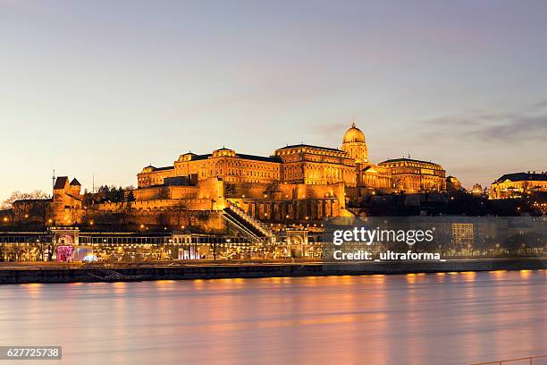 illuminated view of castle hill in budapest at night - budapest winter stock pictures, royalty-free photos & images