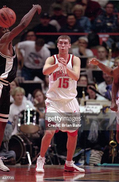 Danny Miller of the Maryland Terrapins passes the ball during the game against the Georgia State Panthers at Boise State Pavilion in Boise, Idaho....