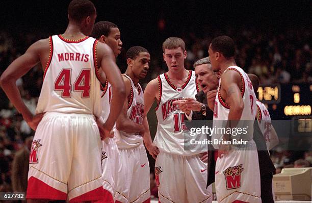 Danny Miller of the Maryland Terrapins listens to a play during the game against the Georgia State Panthers at Boise State Pavilion in Boise, Idaho....