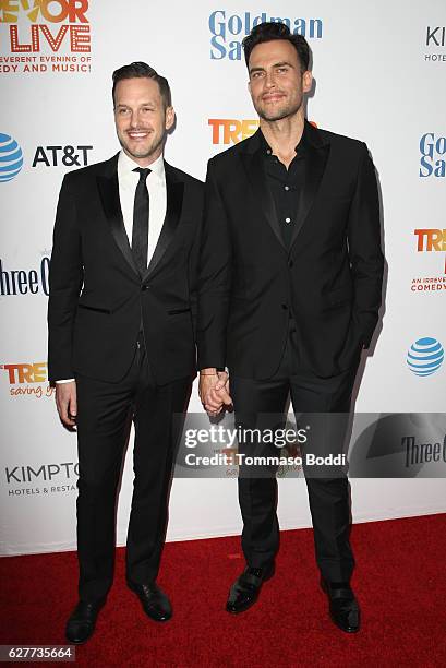 Actors Jason Landau and Cheyenne Jackson attend The Trevor Project's 2016 TrevorLIVE LA at The Beverly Hilton Hotel on December 4, 2016 in Beverly...