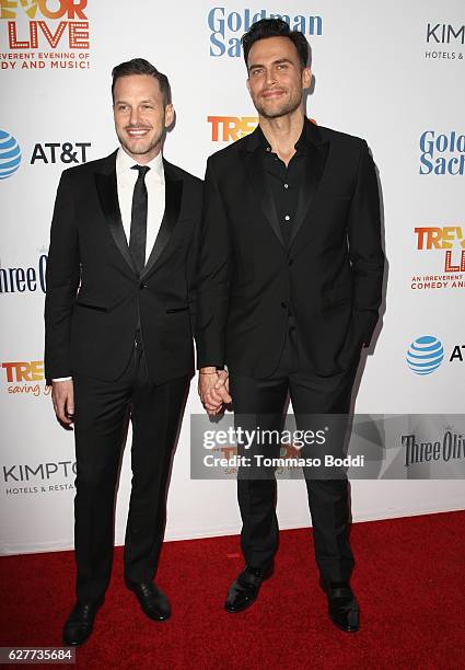 Actors Jason Landau and Cheyenne Jackson attend The Trevor Project's 2016 TrevorLIVE LA at The Beverly Hilton Hotel on December 4, 2016 in Beverly...