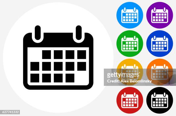 illustrazioni stock, clip art, cartoni animati e icone di tendenza di icona calendario nei pulsanti cerchio colori piatti - calendario
