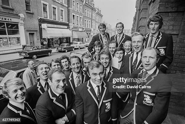 The England cricket team visit the Decca recording studio on Broadhurst Gardens, West Hampstead, London, UK, to record 'The Ashes Song', April 1971....