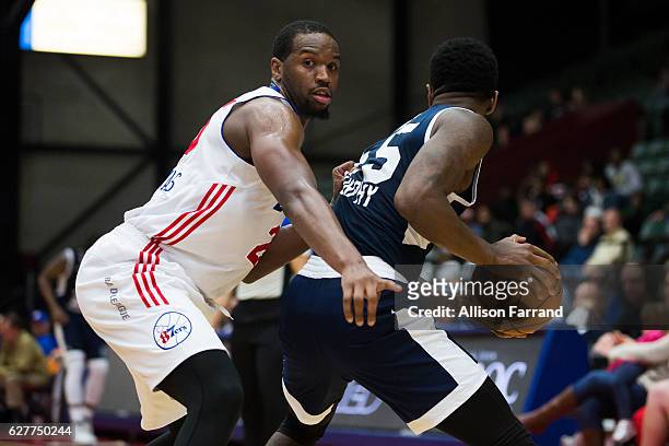 Dionte Christmas of the Delaware 87ers guards Kevin Murphy of the Grand Rapids Drive at the DeltaPlex Arena on December 4, 2016 in Walker, Michigan....