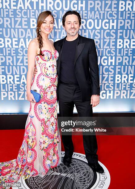 Breakthrough Prize Co-founder Sergey Brin and Nicole Shannahan attend the 2017 Breakthrough Prize at NASA Ames Research Center on December 4, 2016 in...