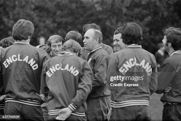 English football manager Alf Ramsey with the England football team during training at Roehampton, UK, April 1971.