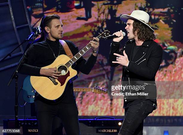 Guitarist James Adam Shelley and singer/guitarist Zac Barnett of American Authors perform during the 2016 NASCAR Sprint Cup Series Awards show at...
