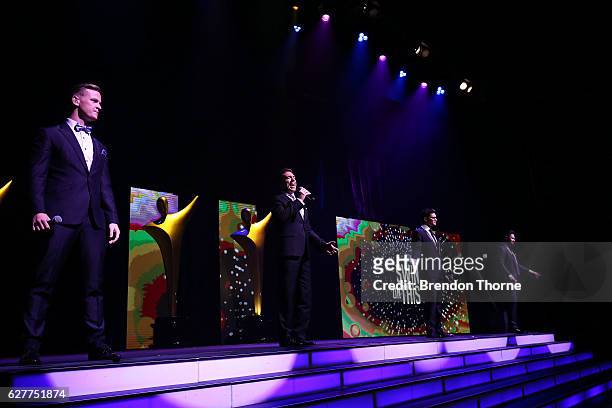 Ben Mingay, Rob Mills, Luke Kennedy and Michael Falzon of Swing On This perform at the 6th AACTA Awards Presented by Foxtel | Industry Dinner...