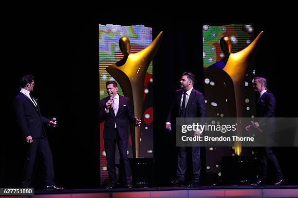 Ben Mingay, Rob Mills, Luke Kennedy and Michael Falzon of Swing On This perform at the 6th AACTA Awards Presented by Foxtel | Industry Dinner...