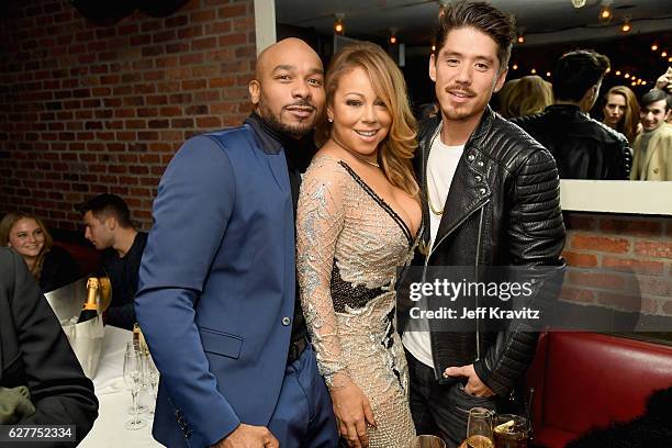 Creative director Anthony Burrell, recording artist Mariah Carey, and choreographer Bryan Tanaka attend MARIAH'S WORLD Viewing Party at Catch on...
