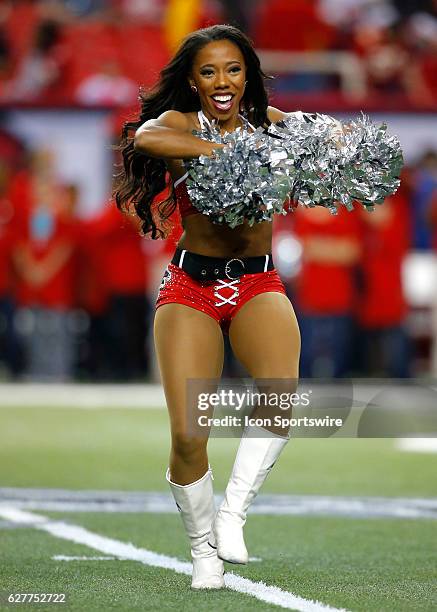An Atlanta Falcons cheerleader performs prior to an NFL football game between the Kansas City Chiefs and the Atlanta Falcons on December 04 at...