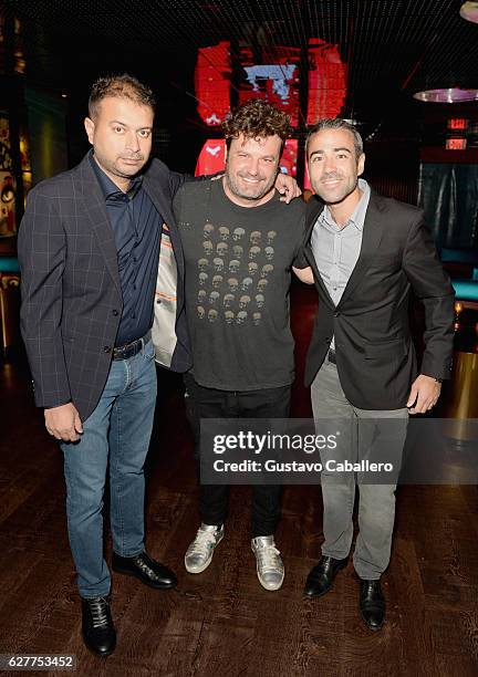 Kamal Hotchandani, Domingo Zapata and Jean-Francois Sberro attend DJ Khaled's birthday dinner hosted by Hublot at Komodo on December 4, 2016 in...