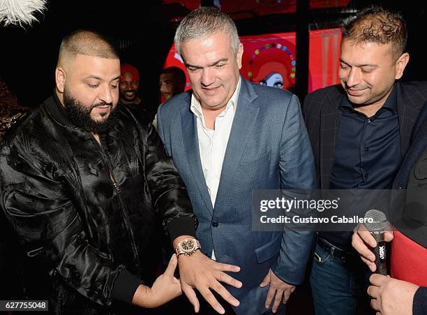 Khaled, Ricardo Guadalupe, and Kamal Hotchandani attend DJ Khaled's birthday dinner hosted by Hublot at Komodo on December 4, 2016 in Miami, Florida.