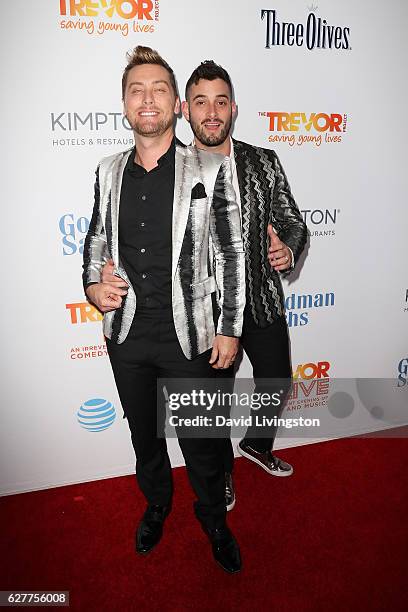 Singer Lance Bass and Michael Turchin arrive at the TrevorLIVE Los Angeles 2016 Fundraiser at The Beverly Hilton Hotel on December 4, 2016 in Beverly...