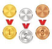 Set of gold, silver and bronze award medals. Vector awards.