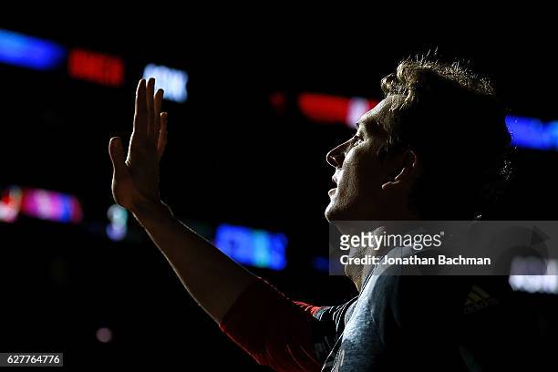 Omer Asik of the New Orleans Pelicans takes the court before a game against the LA Clippers at the Smoothie King Center on December 2, 2016 in New...