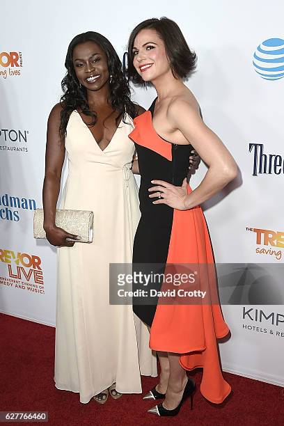 Yetide Badaki and Lana Parilla attend the TrevorLIVE Los Angeles 2016 Fundraiser - Arrivals at The Beverly Hilton Hotel on December 4, 2016 in...
