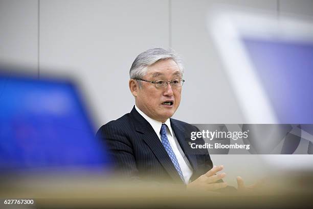 Toshiaki Higashihara, president and chief executive officer of Hitachi Ltd., speaks during a group interview at the company's headquarters in Tokyo,...