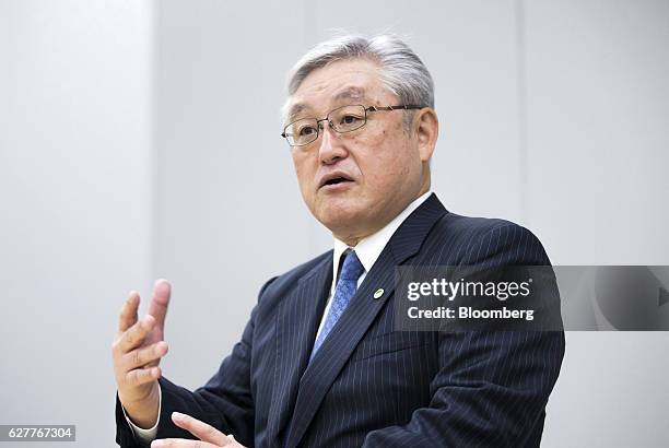 Toshiaki Higashihara, president and chief executive officer of Hitachi Ltd., speaks during a group interview at the company's headquarters in Tokyo,...