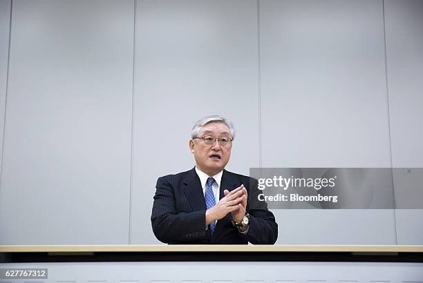 Toshiaki Higashihara, president and chief executive officer of Hitachi Ltd., speaks during a group interview at the company's headquarters in Tokyo,...