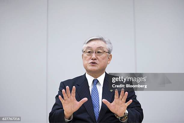 Toshiaki Higashihara, president and chief executive officer of Hitachi Ltd., speaks during a group interview at the company's headquarters in Tokyo,...