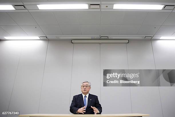 Toshiaki Higashihara, president and chief executive officer of Hitachi Ltd., speaks during a group interview at the company's headquarters in Tokyo,...