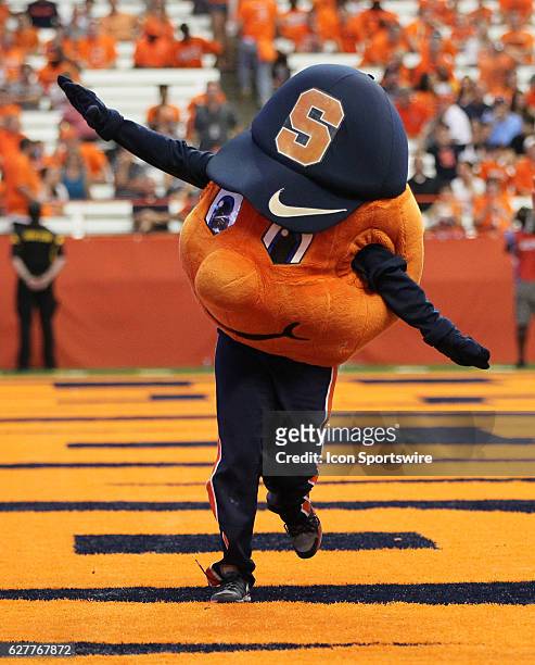 Syracuse Orange mascot Otto cheers during a NCAA football game between the Louisville Cardinals and the Syracuse Orange at Carrier Dome in Syracuse,...