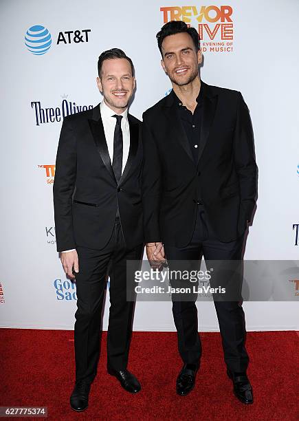 Actors Jason Landau and Cheyenne Jackson attend the TrevorLIVE Los Angeles 2016 fundraiser at The Beverly Hilton Hotel on December 4, 2016 in Beverly...