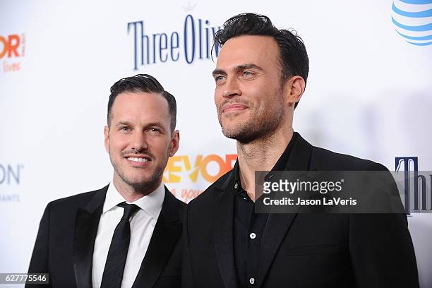 Actors Jason Landau and Cheyenne Jackson attend the TrevorLIVE Los Angeles 2016 fundraiser at The Beverly Hilton Hotel on December 4, 2016 in Beverly...
