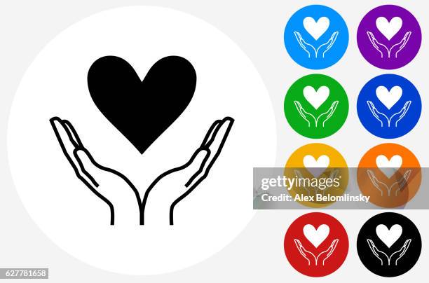 two hands holding heart icon on flat color circle buttons - hands holding heart stock illustrations