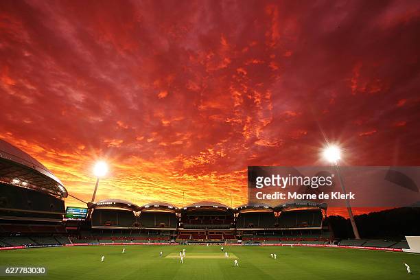 General view as sun sets during day one of the Sheffield Shield match between South Australia and New South Wales at Adelaide Oval on December 5,...