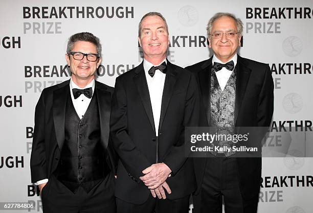 Physicist Andrew Strominger, Dr. Cumrun Vafa and 2017 Breakthrough Prize winner Dr. Joseph Polchinski backstage during the 2017 Breakthrough Prize at...