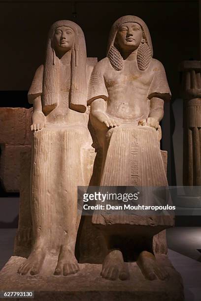 Detailed view of a Statue of Maya and Merit displayed in part in the permanent Egyptian collection and also part of the 'Queens of the Nile'...