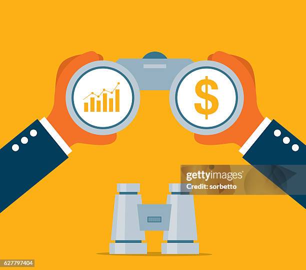 stockillustraties, clipart, cartoons en iconen met businessman looking for investment - handtelescoop