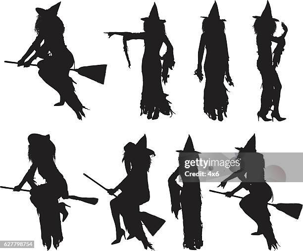 witch in various actions - witch flying stock illustrations