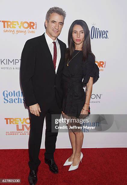 Actor Dermot Mulroney and wife/cinematography agent Tharita Cesaroni attend the TrevorLIVE Los Angeles 2016 Fundraiser at the Beverly Hilton Hotel on...