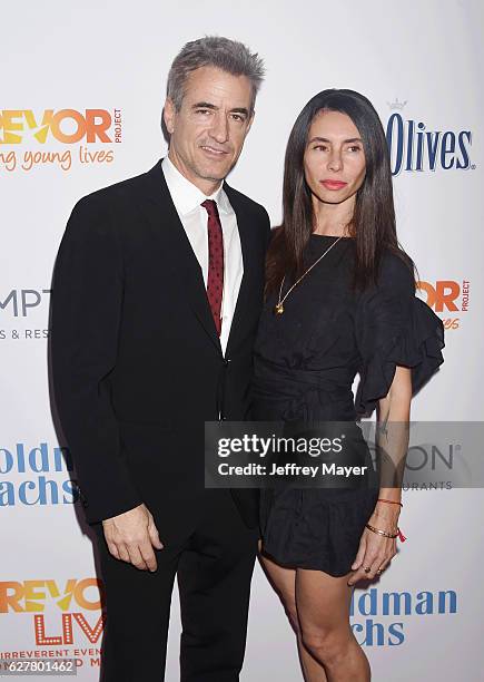 Actor Dermot Mulroney and wife/cinematography agent Tharita Cesaroni attend the TrevorLIVE Los Angeles 2016 Fundraiser at the Beverly Hilton Hotel on...