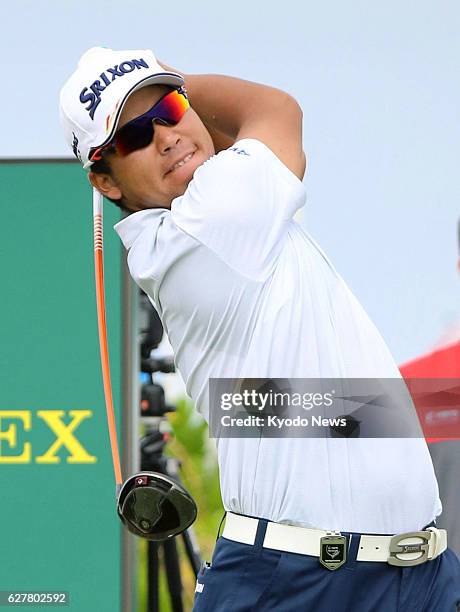 Hideki Matsuyama of Japan tees off during the final round of the Hero World Challenge at Albany Golf Club in the Bahamas on Dec. 4, 2016. Matsuyama...