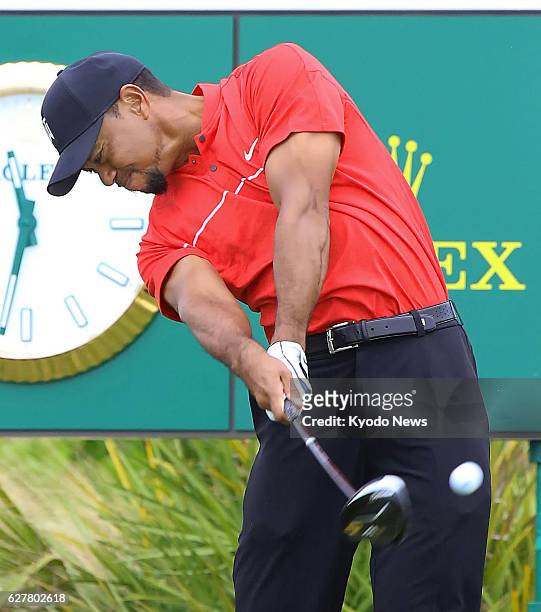 Tiger Woods of the United States tees off during the final round of the Hero World Challenge at Albany Golf Club in the Bahamas on Dec. 4, 2016....