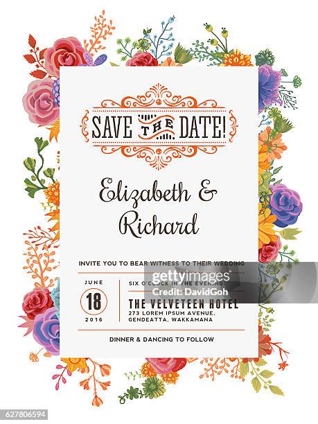 ilustraciones, imágenes clip art, dibujos animados e iconos de stock de plantilla de invitación de boda floral - invitation