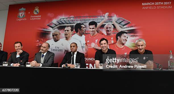 Robbie Fowler, Ian Rush, Emilio Butragueno, Ricardo Gallego and Roberto Carlos during a 'Liverpool and Real Madrid Legends' Press Conference at...