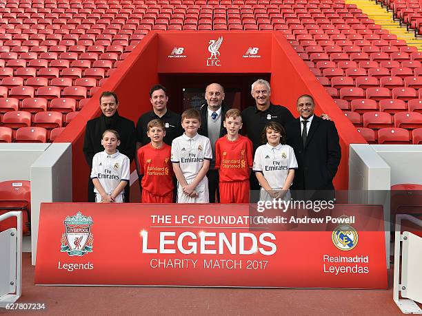 Robbie Fowler, Ian Rush, Emilio Butragueno, Ricardo Gallego and Roberto Carlos during a 'Liverpool and Real Madrid Legends' Press Conference at...