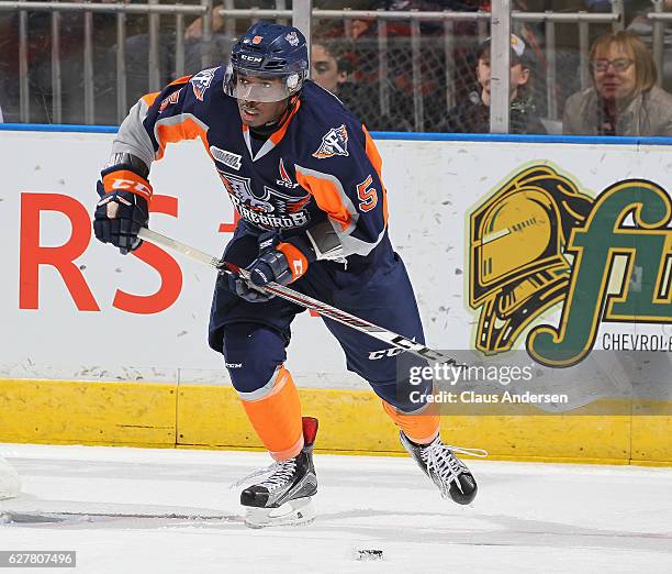Jalen Smereck of the Flint Firebirds skates with the puck against the London Knights during an OHL game at Budweiser Gardens on December 4, 2016 in...