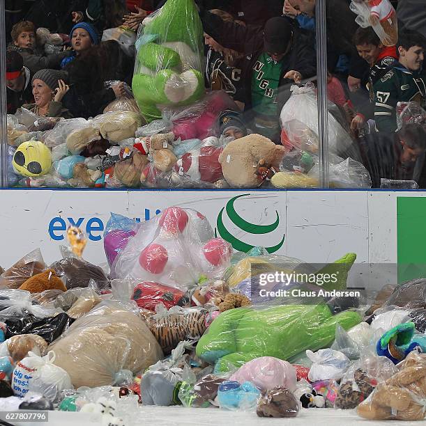 Stuffed animals hit the ice during the London Knights annual Teddy Bear toss against the Flint Firebirds during an OHL game at Budweiser Gardens on...