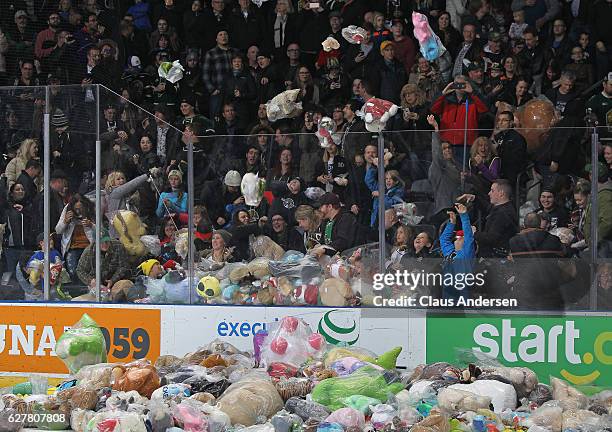 Stuffed animals hit the ice during the London Knights annual Teddy Bear toss against the Flint Firebirds during an OHL game at Budweiser Gardens on...